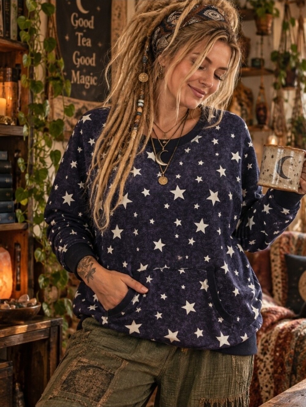 4/$15 Cuddl Duds M Star Print Pocket Sweater | Celestial Y2K Cozy Knit